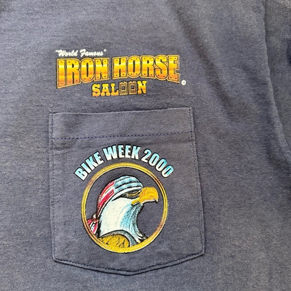 Vintage Iron Horse Saloon 2000 Bike Week Biker Motorcycle Blue Pocket T-Shirt, L - Picture 4 of 5